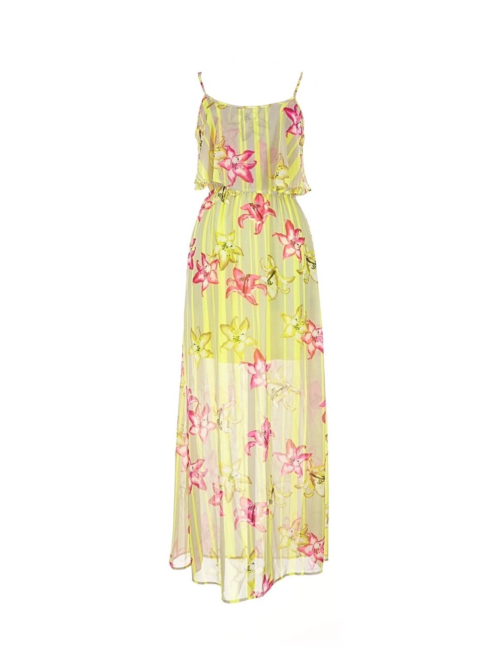 Gianni Bini Floral Stripe Maxi Dress Chiffon Pink Yellow Tropical Boho Vacation